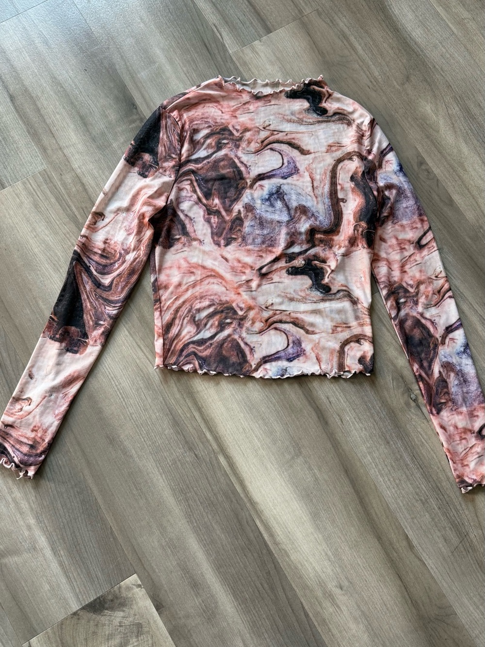 SHEIN Marble Print Long Sleeve Crop Top - Pink, Black, Cream